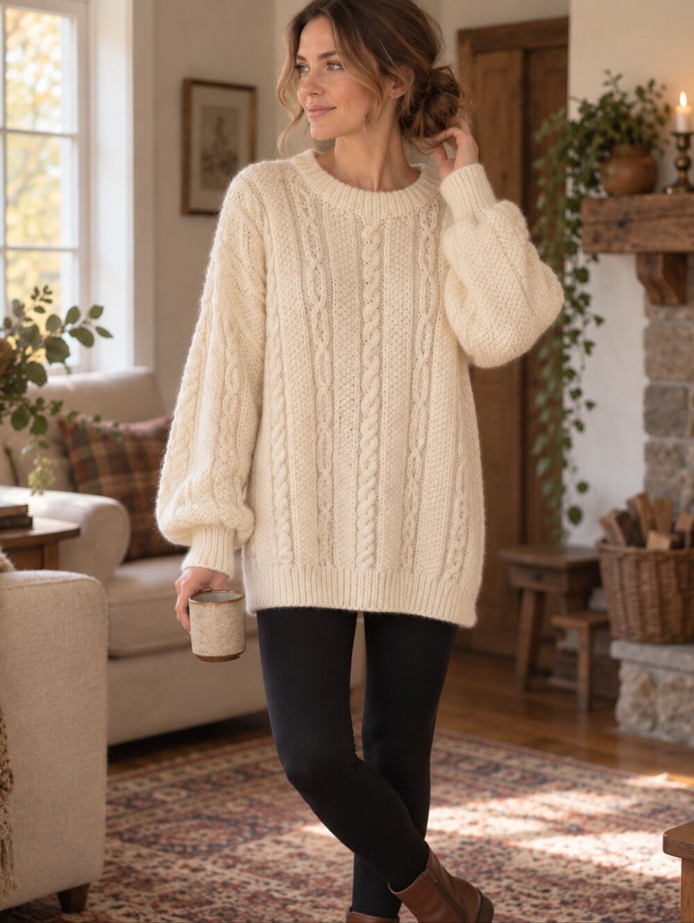 Vintage Hand-Knit Cream Cable Sweater Oversized Aran Fisherman